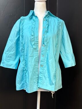 Vintage Maxi Aqua Ruffle Button-Up Blouse | Size L
